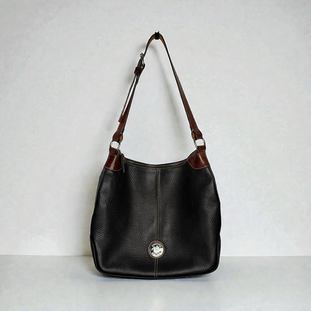 Vintage Dooney & Bourke Shoulder Bag Pebbled Leather Black Brown Hobo Large USA